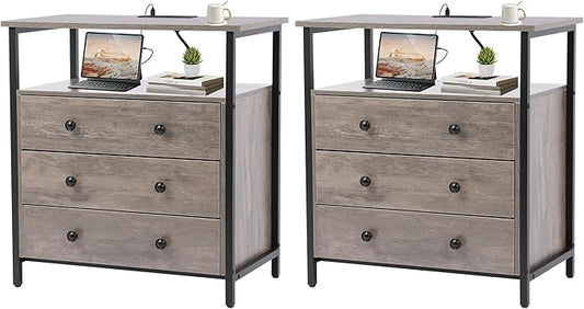 3 Wooden Drawers Nightstand, 27 Inch Wide Night Stand Set 2 with Charging Station and Adjustable Drawers, Small Dresser for Closet, Bedside Table for Living Room/Bedroom/Office, Gray.