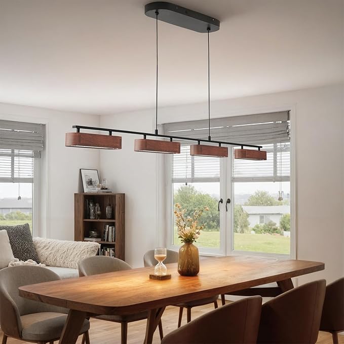 50.2" Kitchen Island Lights, 38W Wood Dining Room Light Fixtures Over Table, Dimmable Linear Pendant Lights for Kitchen Island, 4-Light Rustic Hanging Farmhouse Chandeliers, Walnut Color