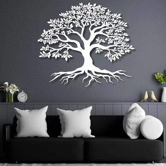 VTHTA Large Tree of Life Metal Wall Art,Tree Wall Sign for Living Room Bedroom Indoor Outdoor Garden Home Decoration (White, 39" Wx34 H/100x87cm, Metal Wall Art)