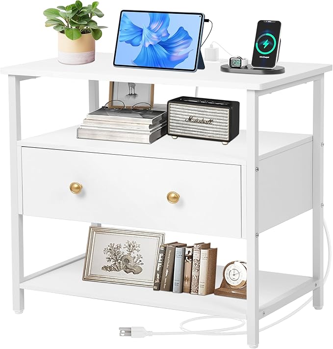 27 Inch Wide Night Stand with Charging Station, Wood Nightstand with Open Shelf, Large Drawer Bedside Table for Living Room/Bedroom/Office (White)