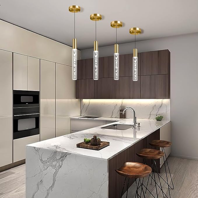 Modern Gold Pendant Light Fixture, 1-Light 3-Color LED Pendant Lighting Acrylic Cord Adjustable Ceiling Hanging Lights for Kitchen Island Living Room Bedroom Dining Room (3 Pack)