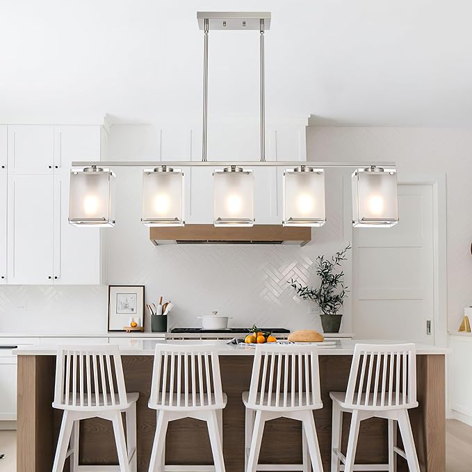 5-Light Chandeliers for Dining Room, Modern Kitchen Island Lighting with Frosted Glass Shade Linear Pendant Lighting for Dining Table Kitchen Island, Adjustable Height