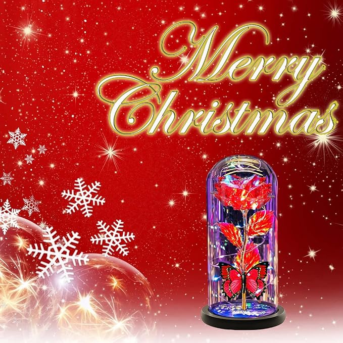Christmas Flowers Gifts for her Women Mom Wife,Womens Gifts for Christmas, Rose Flowers Gift Light Up Rose in Glass Dome,Birthday Gifts for Woman（Red）
