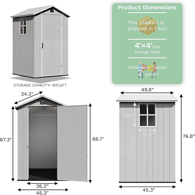 Greesum 4x4FT Plastic Storage Shed with Floor, Resin Outdoor Storaged Sheds with Lockable Door, All Weather Durable Tool Shed with Window and Vent, for Garden, Backyard, Patio, Light Gray