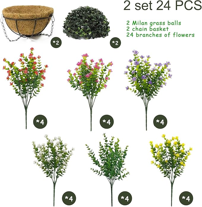 Artificial Hanging Plants Flowers with Basket 2 Packs, Artificial Hanging Flowers for Outdoors, Faux Hanging Plants Outdoor, Fake Flowers, Yellow+Purple+Pink+Red+White+Green