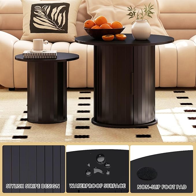 COSVALVE Nesting Coffee Table Set of 2 with Hidden Storage & Sliding Door, Circle Wood Coffee Table, Farmhouse Side & End Table Sets for Living Room, Small Spaces, Black