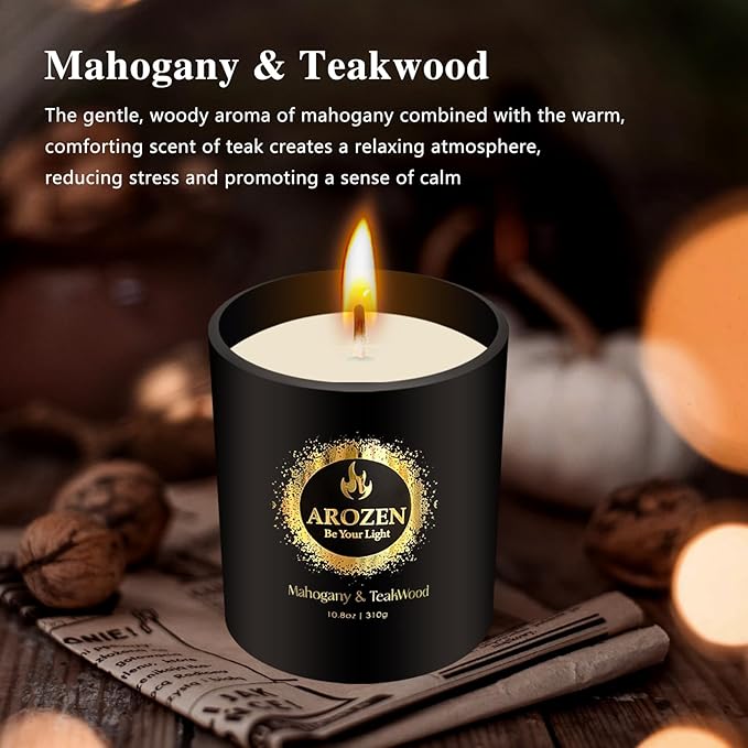 Mahogany Teakwood Scented Candles, Gifts for Men, Father's Day Holiday Chrismas Candle Gifts, Black Soy Candles for Home Scented, Extra Large with 70H Long Lasting Burn 10.8oz