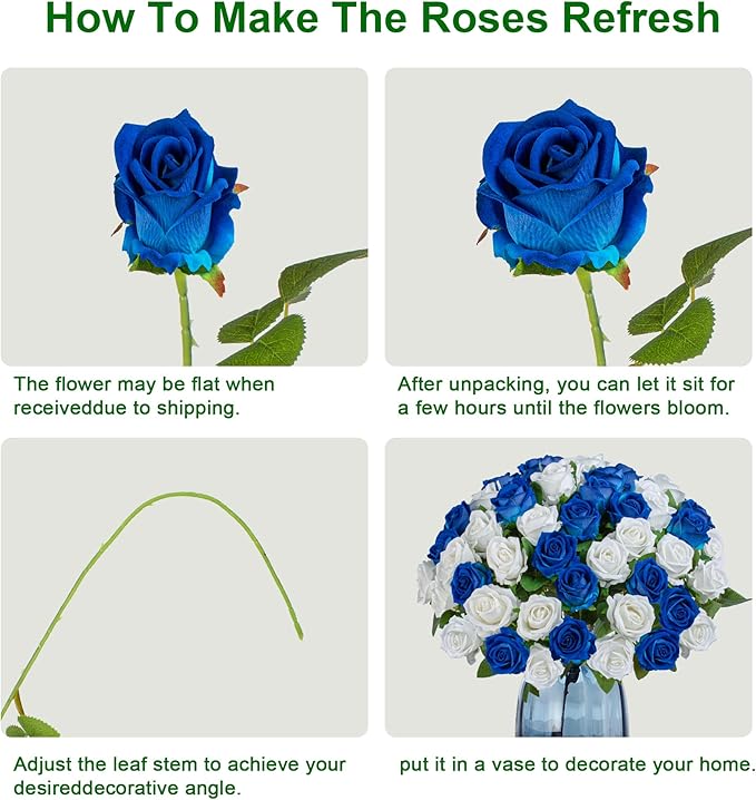 Artificial Flowers Roses Touch Fake Rose Bouquet Flower Stem For Wedding Centerpieces Diy Wreath Home Decorations Silk Roses Mothers Party Fake Outdoor Flowers Decor 19.6"(White & Blue 50PCS)