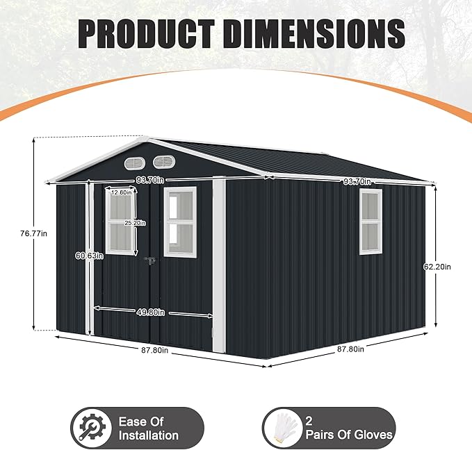 KEIKI 8x8 Metal Storage Shed with Protective Film, Four Daylight Windows, Lockable Doors, Heavy-Duty Color Steel Outdoor Storage Shed for Backyard Garden, Sheds & Outdoor Storage, Dark Gray