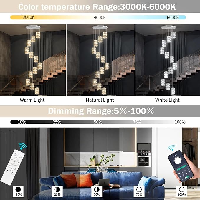 12-Lights Modern Crystal LED Dimmable for Staircase Foyer High Ceiling Chandeliers Hallway Nickel