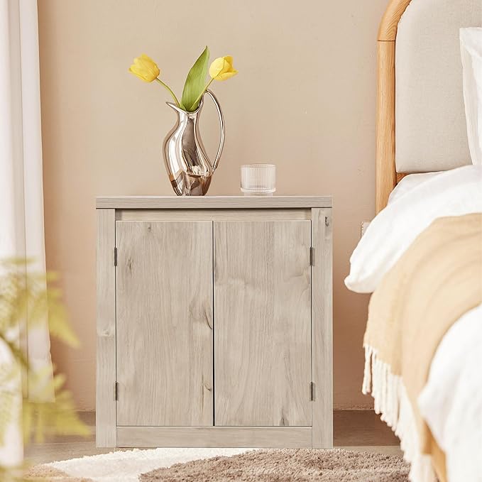MINCETA End Table Set of 2, Modern Bedside Table with Charging Station and USB Ports, Rustic Wood Square Nightstand with Door for Living Room, Bedroom, Gray