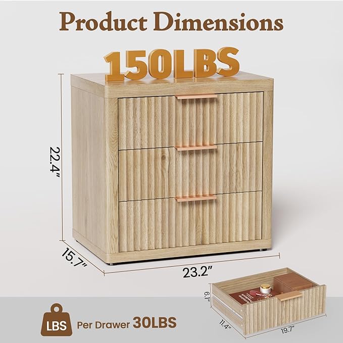 Night Stand with 3 Drawers, 23" Wide Modern Bedside Table with Large Storage, Fluted Bed Side End Table with Metal Handle, Tall Nightstand for Bedroom, Living Room, Office, Nature, Set of 2