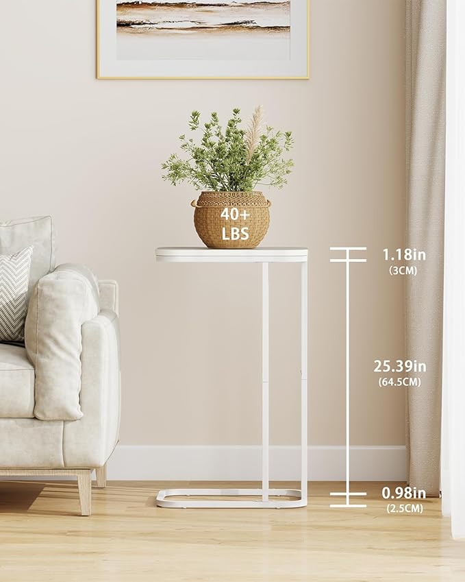 C Shaped End Table, 27 Inches High Small Side Table for Sofa and Bed, Couch Table Slides Under, Tall Tv Tray Table for Living Room, Bedroom, Metal Frame, Snow White