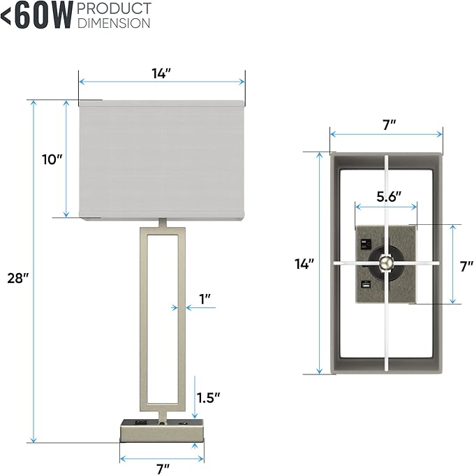 LEDMyPlace 28" Bedside Table Lamp w/ USB Port, On/Off Switch—E26 Lamp Holder—Brushed Nickel Finish & Fabric Linen Shade—Nightstand, Desk Lamp for Bedroom, Living Room, Office, Hotel Room—14"Wx28"Hx7"D