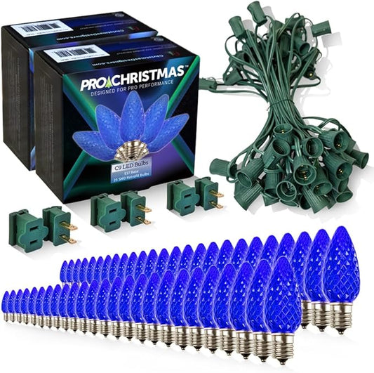 Pro Christmas C9 LED Christmas Light Kit for Rooflines & Pathways – DIY Cut to Length, Outdoor Commercial Grade (Green Wire w/Vampire Plugs, 50 Bulbs, 50 ft) Blue