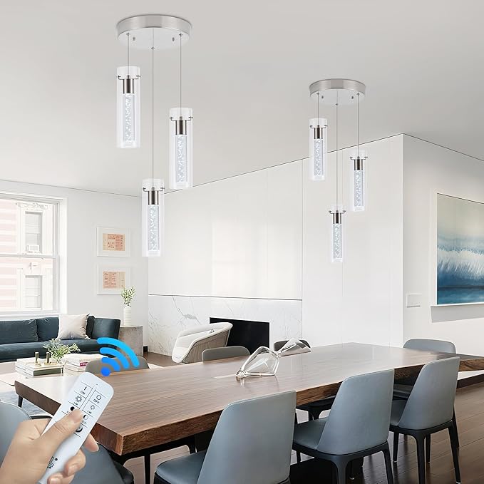 Pendant Light Kitchen Island with Remote Control, Dimmable & Adjustable Color Temperature 3000K/4000K/6000K, Modern Brushed Nickel & Clear Glass Lighting Fixture for Dining Room