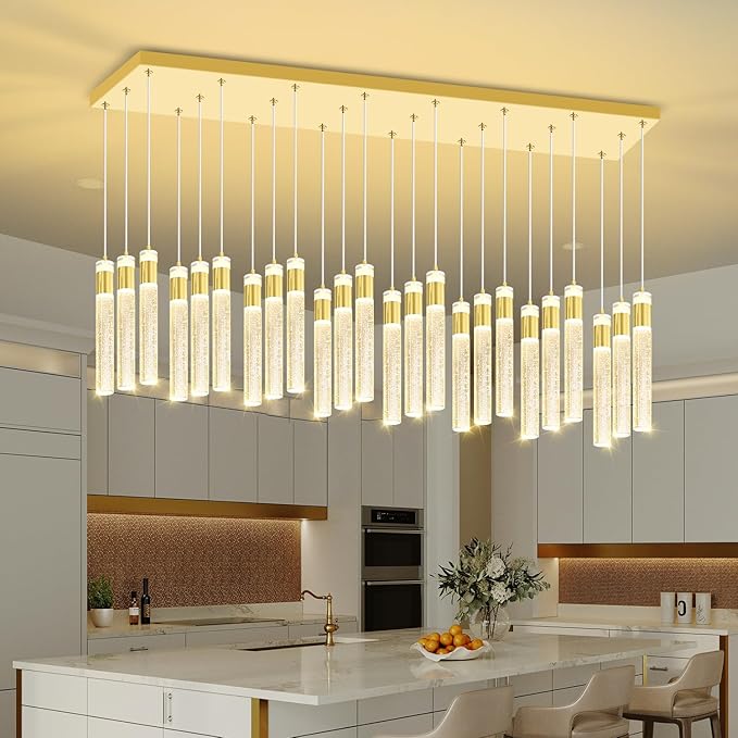 Glam Rectangular Crystal Column Chandelier for High Ceiling 24-Lights Gold LED Dimmable Pendant Light for Kitchen Island Dining Room Entrance Foyer Living Room Adjustable Height
