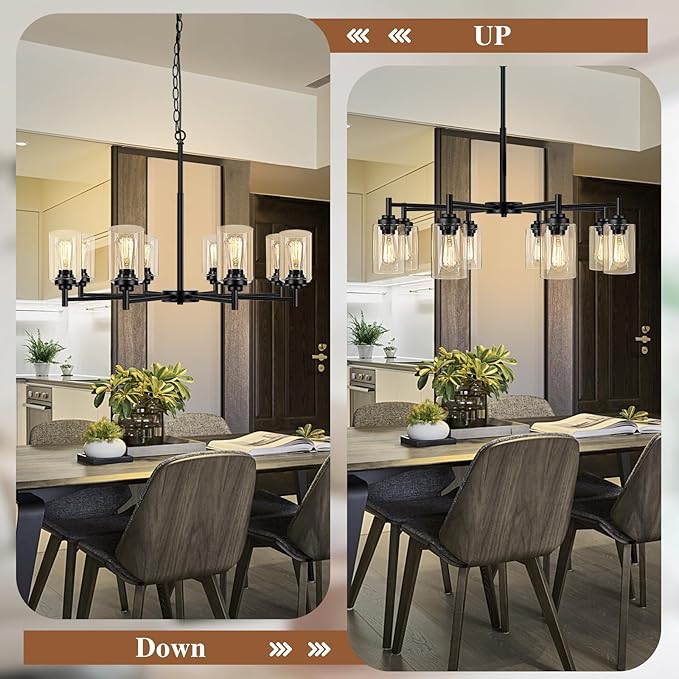 Sucolite 33.5'' 8-Light Chandelier for Dining Room Kitchen Island, Modern Farmhouse Pendant Lighting with Glass Shades Industrial Black Hanging Ceiling Light Fixture for Living Room, Height Adjustable