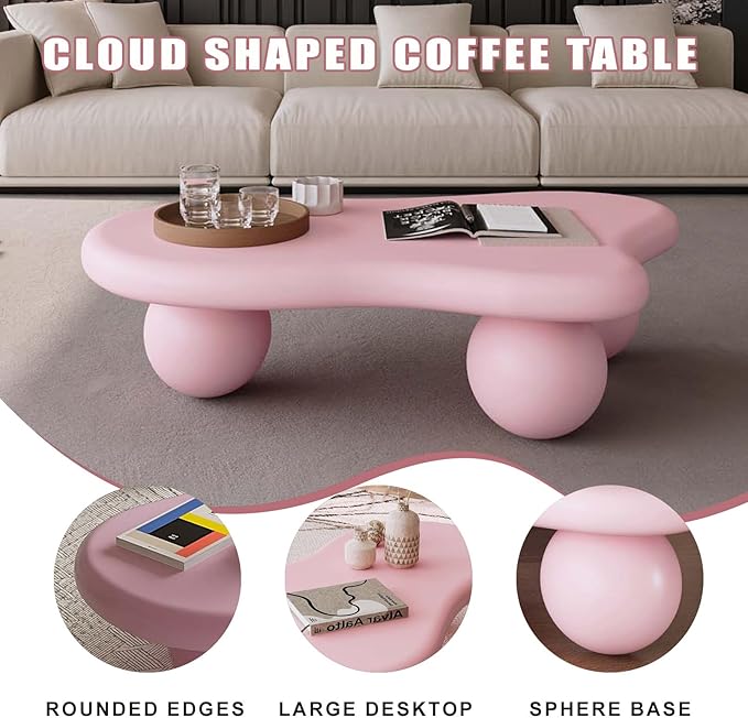 Modern Cloud Coffee Table with 3 Ball Legs, Cute Irregular Shaped Coffee Table, Low Center Table Tea Table for Small Space Living Room (40''L × 26.8''W × 11.7'H)