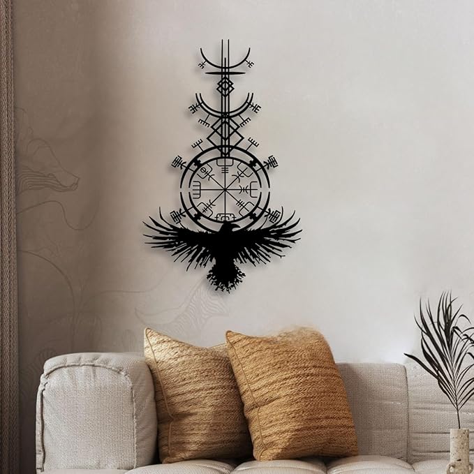 LIYOUYA Gothic Raven Viking Metal Wall Decor - Nordic Style Room Decor Black Wall Art Home Decor for Living Room, Bedroom, Dining Room (Black)