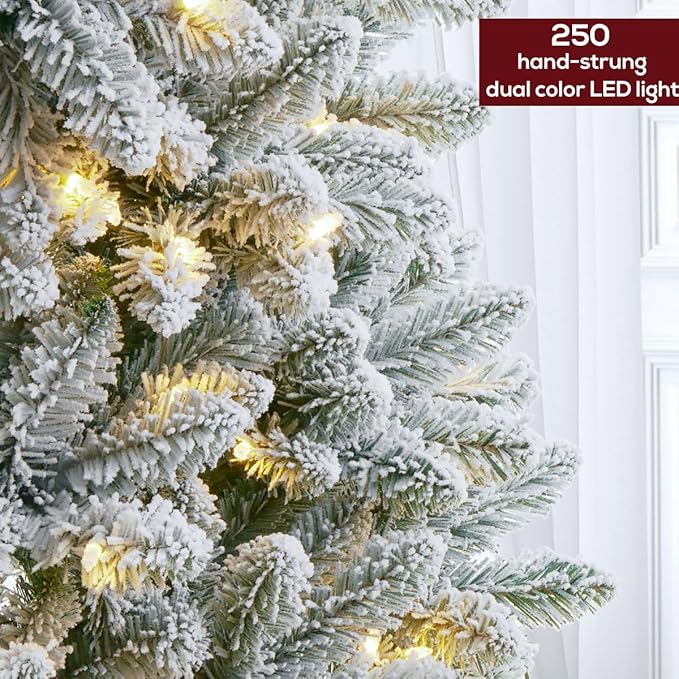 6 FT Pre-lit Snow Flocked Christmas Tree, Artificial Christmas Tree with 250 Warm White & Color LED Changing Lights, 600 PVC Branch Tips, Easy Assembly/Metal Stand/Hinged/8 Color Modes