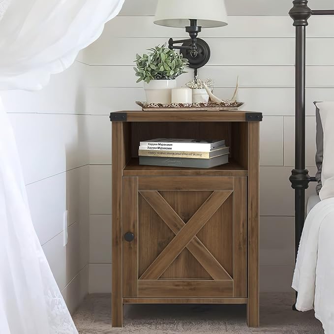 Catrimown Farmhouse, End Table, Nightstand, Side Table, Set of 2 End Table with Barn Door and Shelf, Rustic Oak Nightstand Set of 2, Bed Side Table End Tables for Living Room, Bedroom Room, Oak