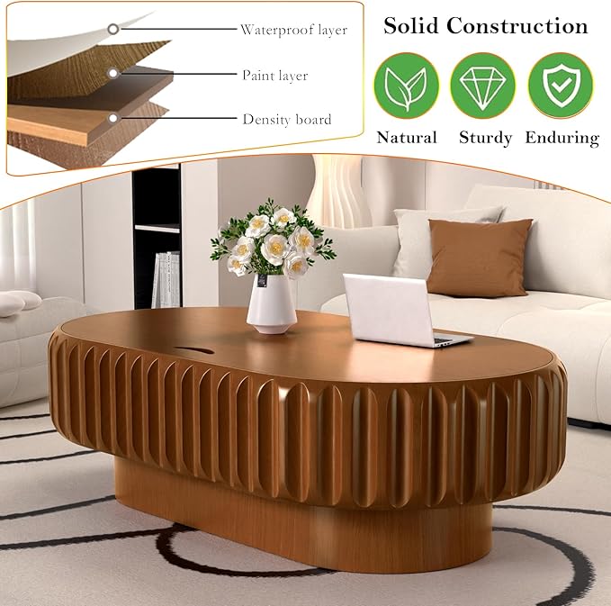 43.3" Oval Drum Coffee Table with Storage Retro Rustic Center Table - Solid Wood Handcrafted Relief Veneer for Farmhouse Apartment (D Oval 43.3in)
