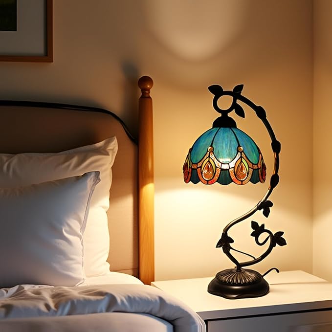 Tiffany Table Lamp, Stained Glass Desk Reading Light,Metal Leaf Table Lamp Base 8X10X21 Inches (Peacock Crystal)
