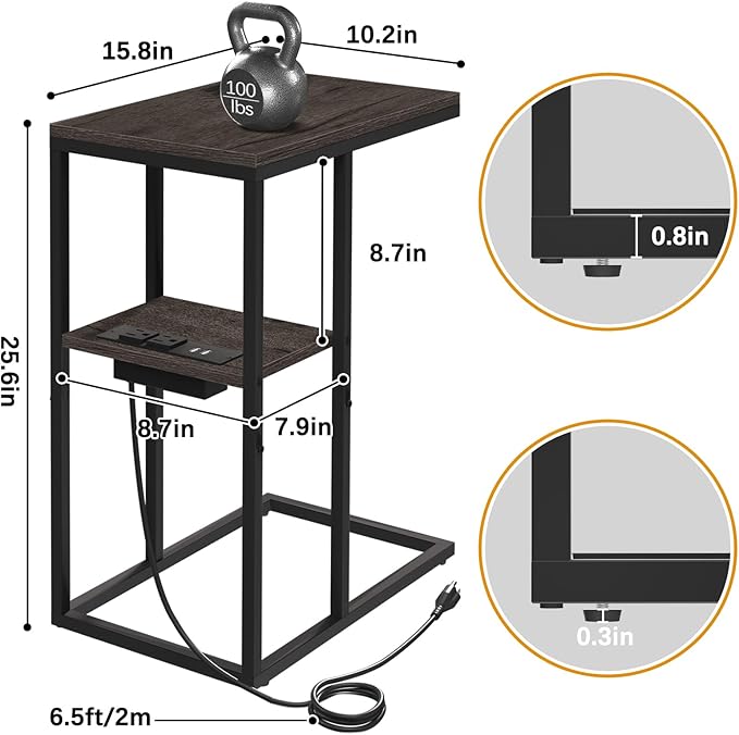 Yoobure C Shaped End Table with Charging Station for Living Room, Bedroom, Sofa Table with USB Ports and Outlets for Small Spaces, C Couch Rustic Snack Bed Table, Charcoal Gray