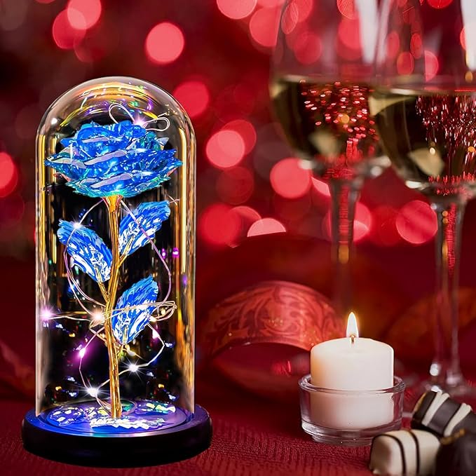 Christmas Rose Gifts for Women Mom, Womens Gifts for Christmas, Glass Flower Gifts for Sister, Rose Enchanted Crystal Flower Gift Light Up in Glass Dome,Birthday Gift for Women Wife Blue