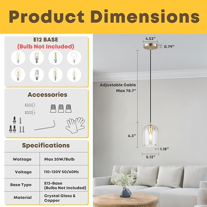 Pendant Light for Kitchen Island, Gold Modern Crystal Glass Modern Pendant Lights, Dome Pendant Light in Kitchen Island, E12 Bulb Indoor Island Pendant Lights,for Dining Room,Living Room