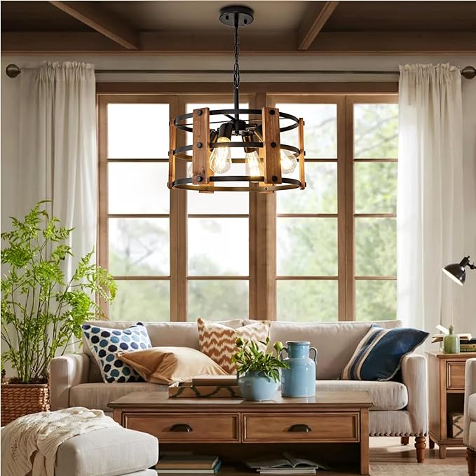 Rustic Farmhouse Chandelier, 4 Lights Pendant Light Fixture, Adjustable Height, Brown Vintage Wood Hanging Pendant Lighting for Entryway Kitchen Island Foyer Dining Room Living Room Bedroom