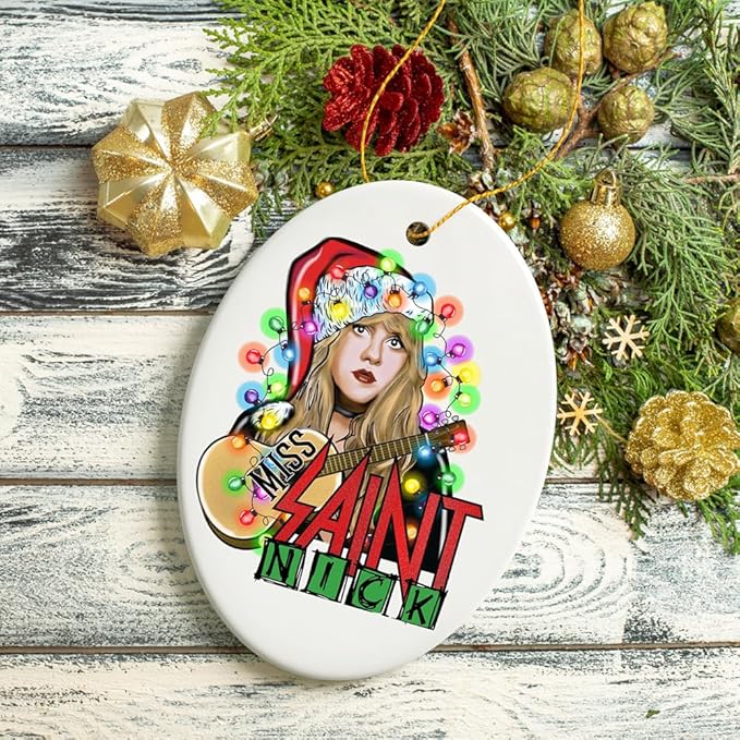 Miss Saint Nick Bohemian Christmas Ornament, Poetic Guitarist Feminine Rock Theme