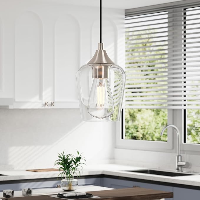 VONLUCE Pendant Lights Kitchen Island, Brushed Nickel Pendant Light Fixtures with E26 Base & Adjustable Cable, Modern Pendant Lighting with Glass Shade for Living Room Bedroom Hallway, 3 Packs