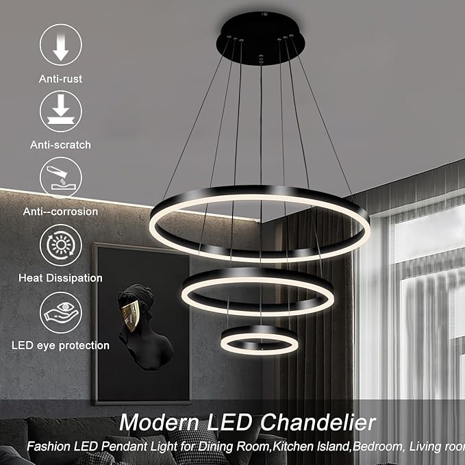 Viruhaka Modern LED Pendant Light, Black Circular Chandelier Fixture, Adjustable Height Circular Entrance Pendant Light, Suitable for Restaurants, Kitchens, Islands, Living Rooms, Cafes, Etc. (4000K)