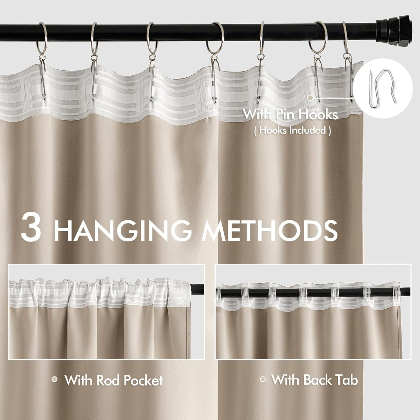 MIULEE Taupe Back Tab Blackout Curtains 90 Inches Long 2 Panels Set for Living Room Bedroom Privacy, Rod Pocket/Pinch Pleat Thermal Insulated Room Darkening Pleated Light Blocking Drapes