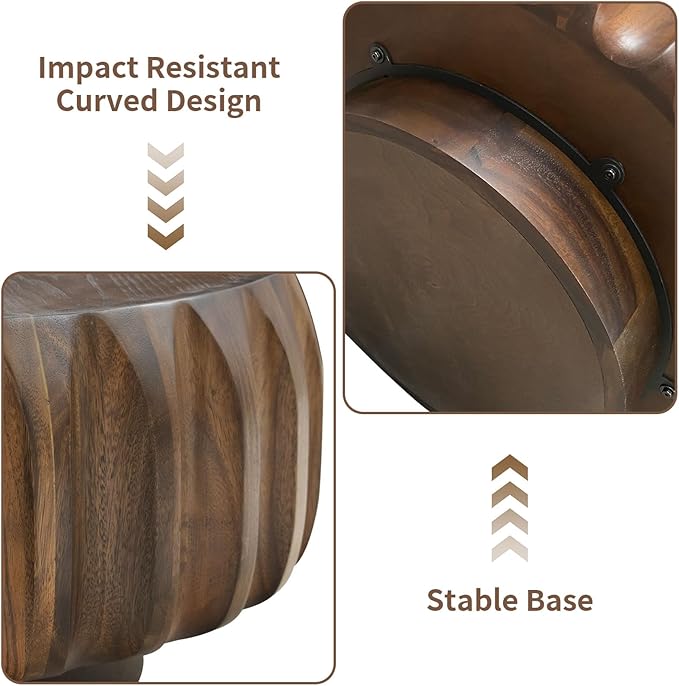LKTART 31.5" Round Coffee Table Drum Table Contemporary Wood Fluted Centry Table with Solid Wood Veneer for Living Room (Walnut)
