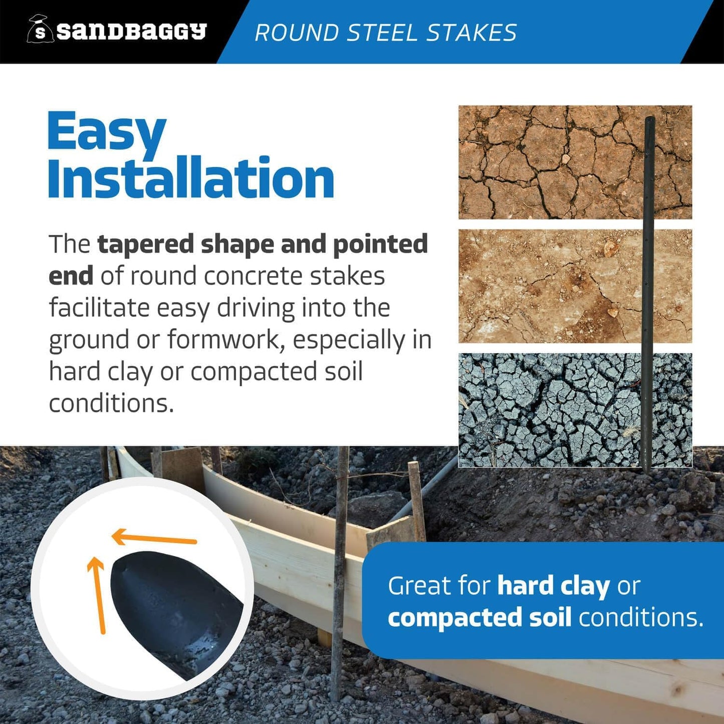 Sandbaggy Round Steel Concrete Form Stakes with Nail Holes - Rust Resistant Coating - Removable, Reusable (10, 3/4 in X 24 in)
