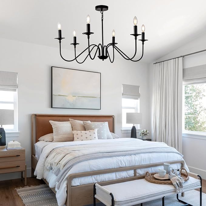 Black Farmhouse Chandeliers, 6 Light S-Arm Modern Candle Hanging Pendant Light, Industrial Rustic Metal Ceiling Kitchen Island Light for Living Room, Entryway, Foyer, Bedroom, Dining Room