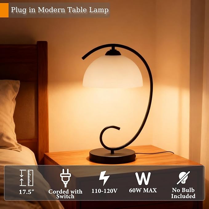 Modern Table Lamp for Bedroom, 17.5" Tall Plug-in Bedside Lamp with Frosted Glass Dome Shade, Sand Black Metal Base, E26 Socket, Corded with Switch – Perfect Nightstand & Desk Lamp (No Bulb)