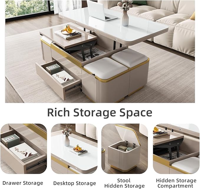 Lift Top Coffee Table with 4 Storage Stools for Living Room, Modern Stylish Convertible Dining Table for 4-6 People, 3 in 1 Multi-Functional Coffee Table, Easy Assembly- White