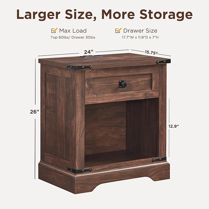 T4TREAM 24" Farmhouse Nightstand with Charging Station Set of 2, Large End Table with Drawer and Open Storage Cabinet, Rustic Wood Bedside Table Sofa Table for Bedroom, Dark Walnut