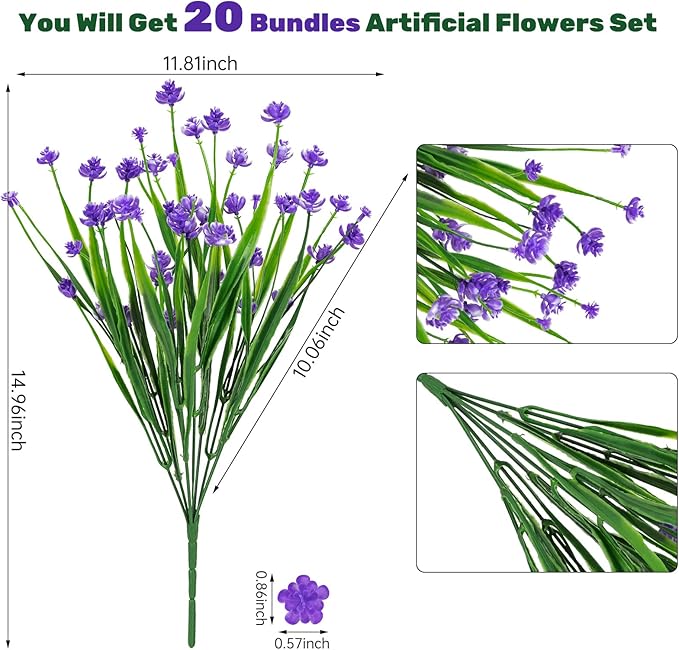 Lnoicy 20pcs Artificial Flowers for Outdoor,Plastic Flowers Decoration, UV Resistant Faux Flowers Shrubs, Artificial Plants for Indoor Outside Garden Home Wedding Farmhouse（Purple）