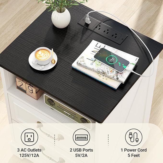 Unikito Farmhouse Nightstand with Charging Station, Bedside Table with 2 Large Drawers & Vintage Handles, Side Table with Open Storage for Bedroom (Antique White)
