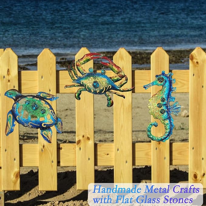 Weibefee Metal Sea Turtle Seahorse Crab Beach Themed Bathroom Wall Art Christmas Decor, Ocean Themed Wall Christmas Decorations Gift for Home Bathroom,10 Inch, Set of 3…