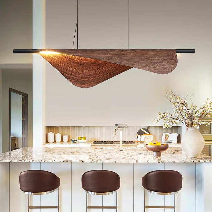 Walnut Pendant Lights 47.2In Dimmable Wood Grain Linear Chandeliers Over Table for Dining Room Kitchen Island