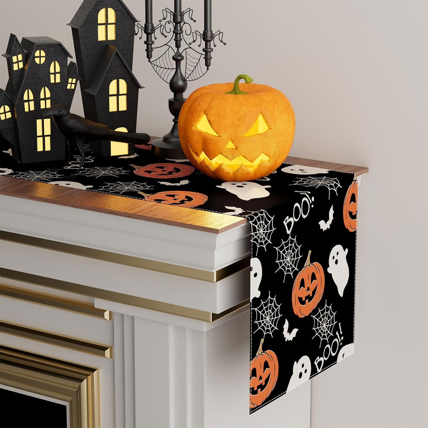 XCHI Boo Spooky Ghost Pumpkin Halloween Table Runner Burlap Table Decoration for Home Kitchen Dining Dinner Indoor Holiday Farmhouse Decor 13x60 Inch