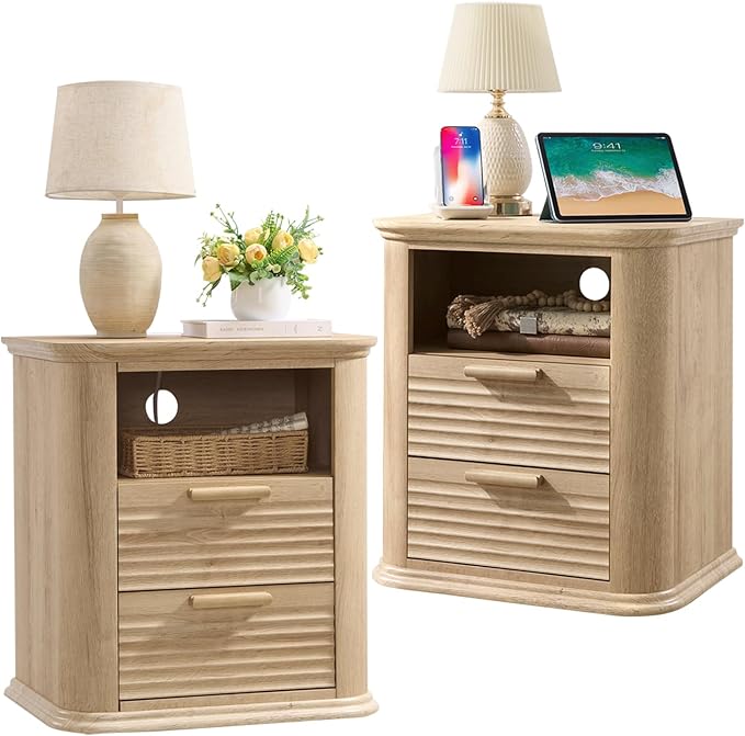 Okvnbjk 22" Fluted Nightstand Set of 2 with Charging Station, Modern End Table with 2 Drawers & Open Storage, Stylish Bedside Table for Living Room, Bedroom, Side Tables Curved Profile Design, Oak