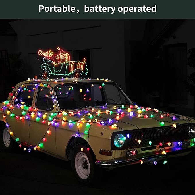 Anycosy Christmas Lights, 29.5 FT 60 LEDs C7 Battery Operated Strings Lights 8 Modes with Auto On/Off Time for Xmas Tree Garland Garden Patio Indoor Outdoor Christmas Decorations