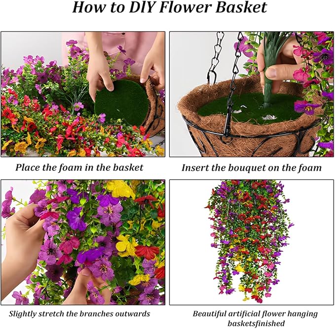 EROCK Artificial Flowers for Outdoors, 4PCS Fake Silk Hanging Flowers for Decoration UV & Fading Resistant, Realistic Faux Plants & Flowers for Porch Patio Balcony Window Box Home Decor (Mix Colors)